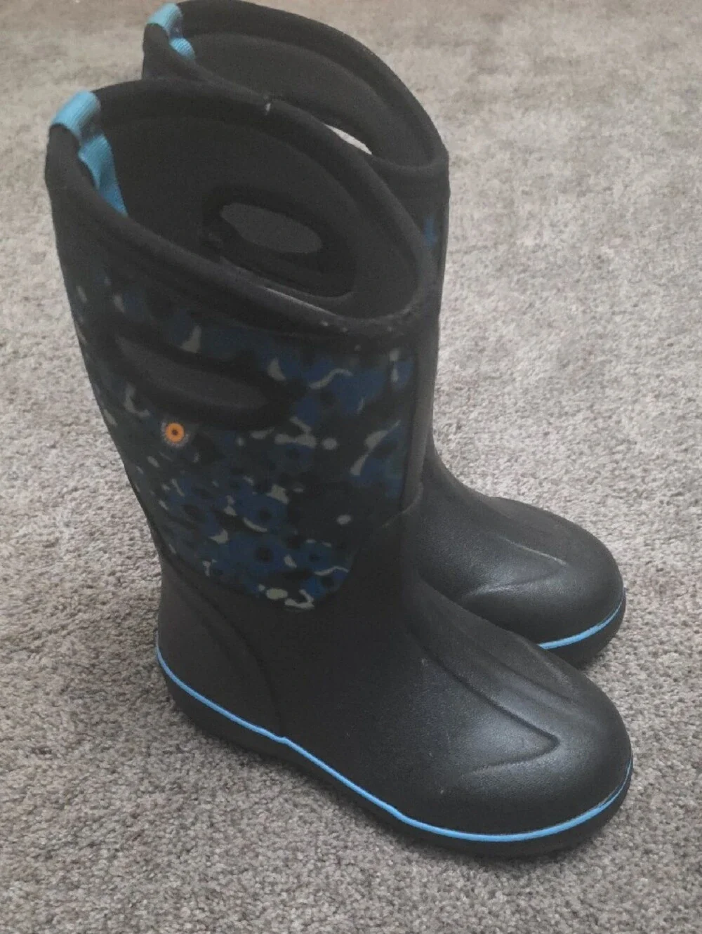 Bogs Black Rain Boots with Blue Floral Accents